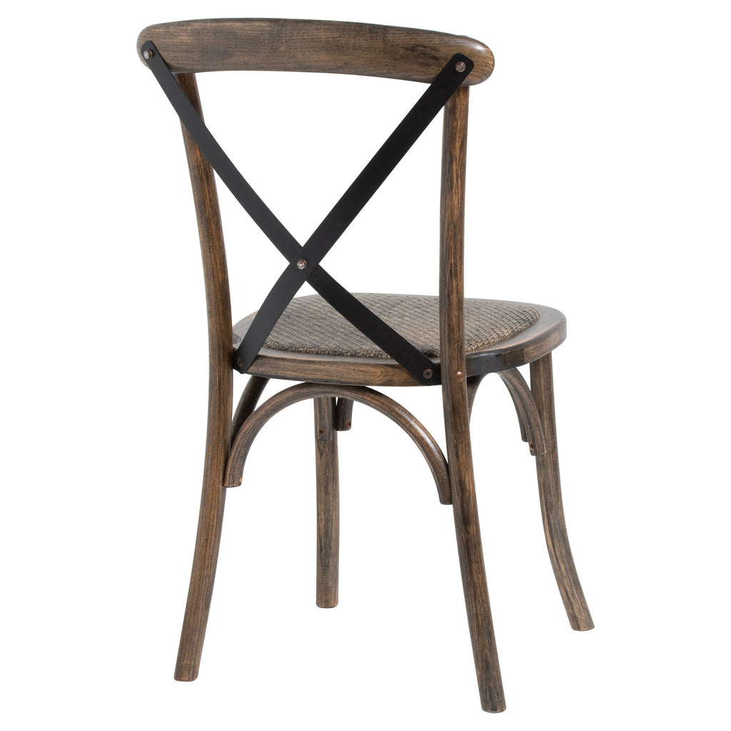 Rear angled view of the Strapcross Dining Chair, with visible fasteners on the black crossed straps and sweeping brown legs.