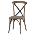 Front angled view of the Strapcross Dining Chair showing its brown grain-patterned frame, woven seat, black crossed back straps and curved under-seat braces.