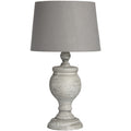 Striated Urn Table Lamp with a pale grey textured urn base, stepped foot and gently tapered neutral shade against white.