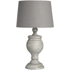 Striated Urn Table Lamp with a pale grey textured urn base, stepped foot and gently tapered neutral shade against white.