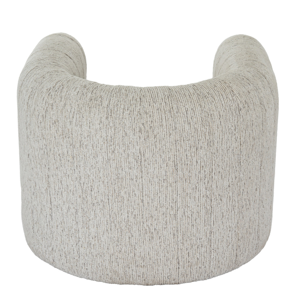 Rear view of the armchair showing its broad curved back covered in pale striped upholstery.
