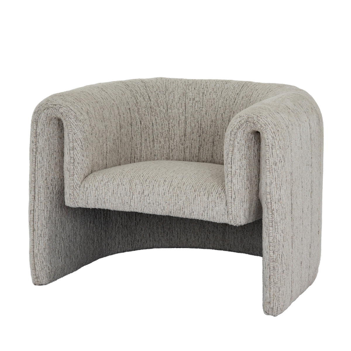 Three-quarter front view of the mist-grey Stripe Looparch Armchair, showing rounded arms, a thick upholstered seat and the open arch below.