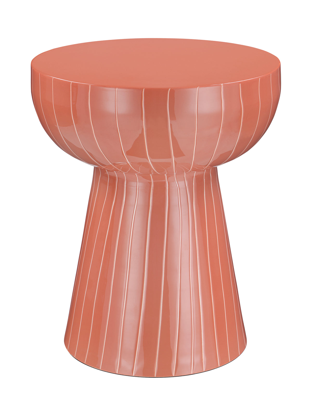 Coral pedestal side table on a white background, with a flat round top, curved upper section and flared base traced with fine pale vertical stripes.