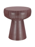 Dusty mauve pedestal side table on a white background, showing its round top, glossy finish and vertical fluting around the curved sides and tapered base.
