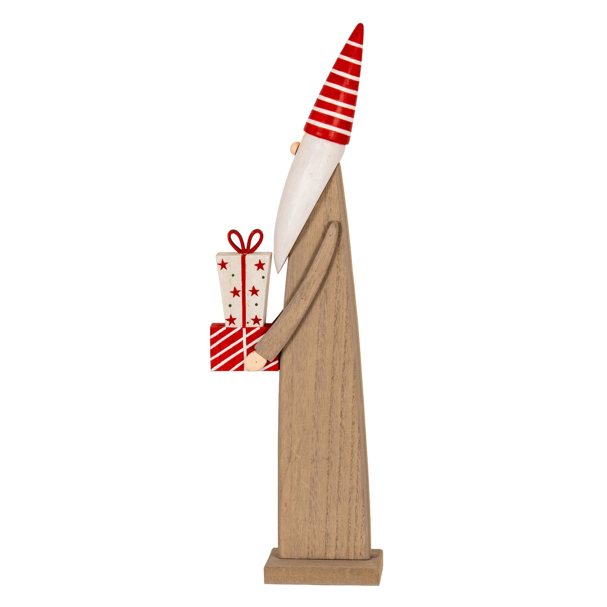 Side view of the elf decoration showing its long brown outline, extended arm and stacked red and cream present shapes.