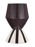 Front view of a glossy two-tone hourglass vase with a broad open upper body, narrow waist and flared, vertically striped foot on a white background.
