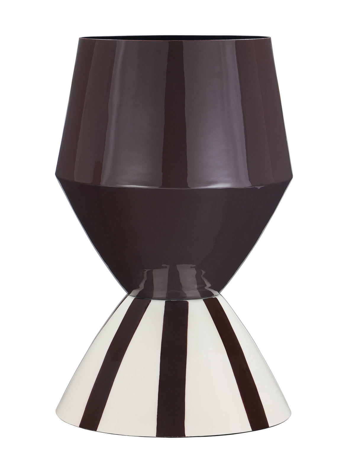 Front view of a glossy two-tone hourglass vase with a broad open upper body, narrow waist and flared, vertically striped foot on a white background.