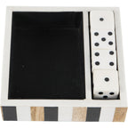 View from above of the divided tray, showing its empty dark main compartment and four white dice arranged along one side.