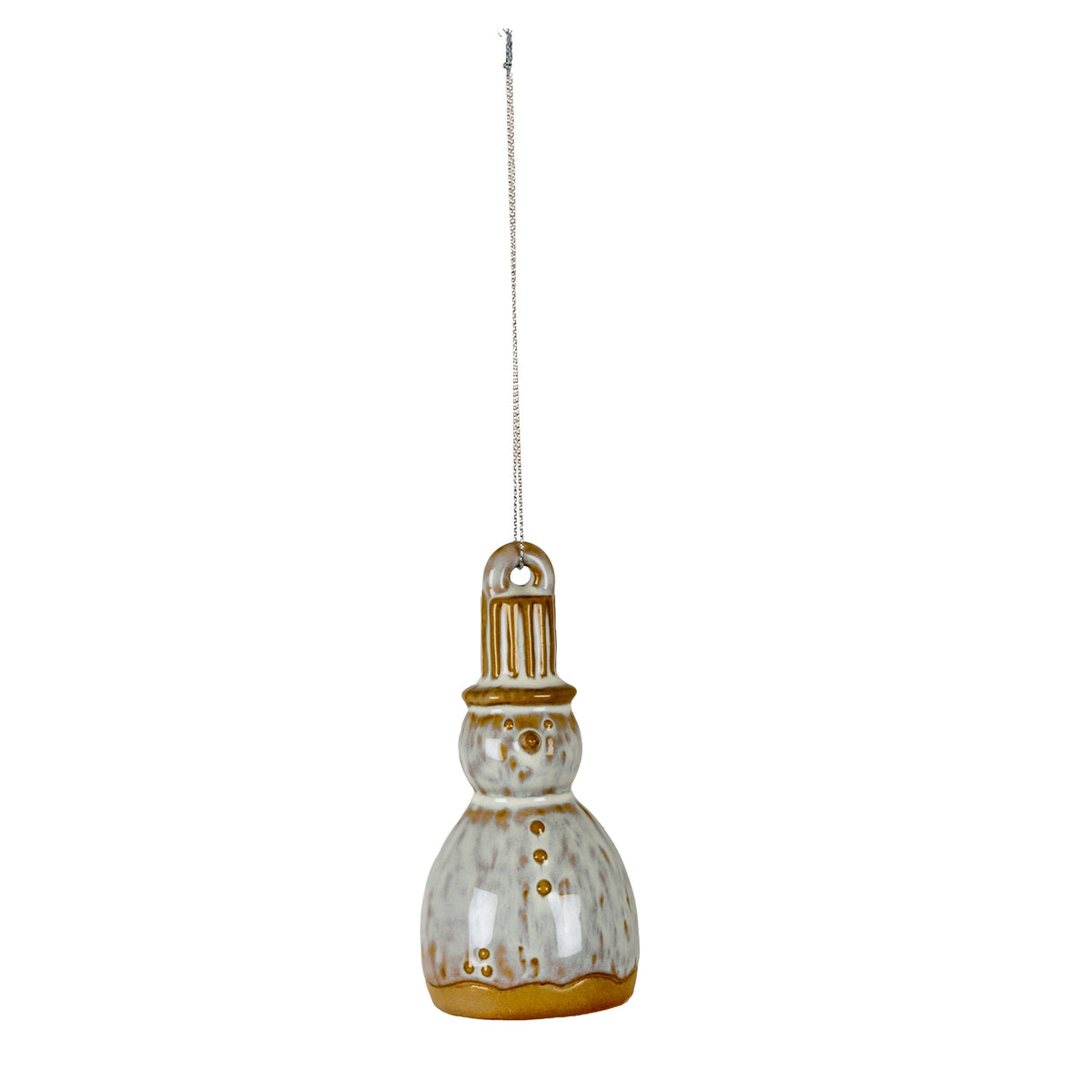 Front view of a glossy off-white snowman ornament mottled with grey and ochre, with three ochre buttons, a tall striped hat and a silver-coloured hanging cord against a white background.
