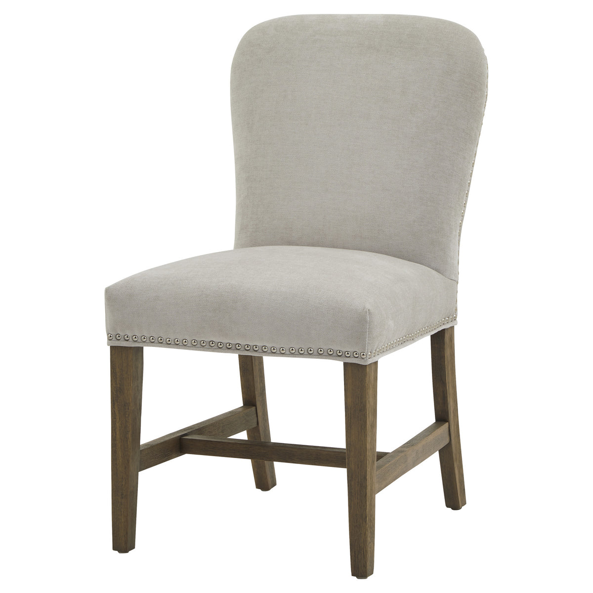Front three-quarter view of the pale grey dining chair, showing its curved back, bright studs along the seat edge and brown legs with H-shaped stretchers.