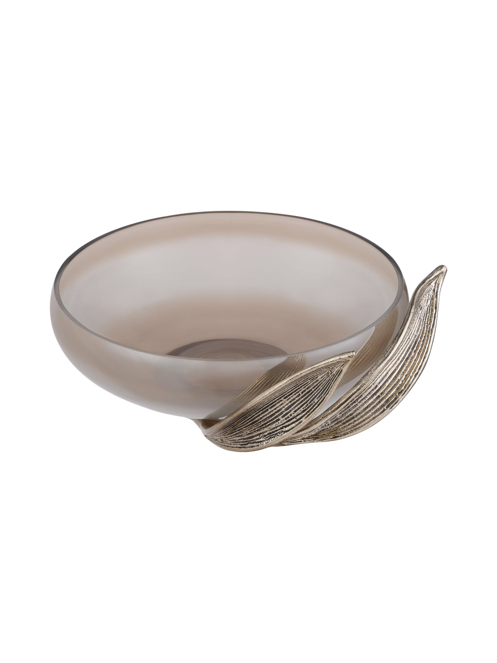 Angled view of a smoky glass bowl with two antique gold leaves curving around the base and up one side.