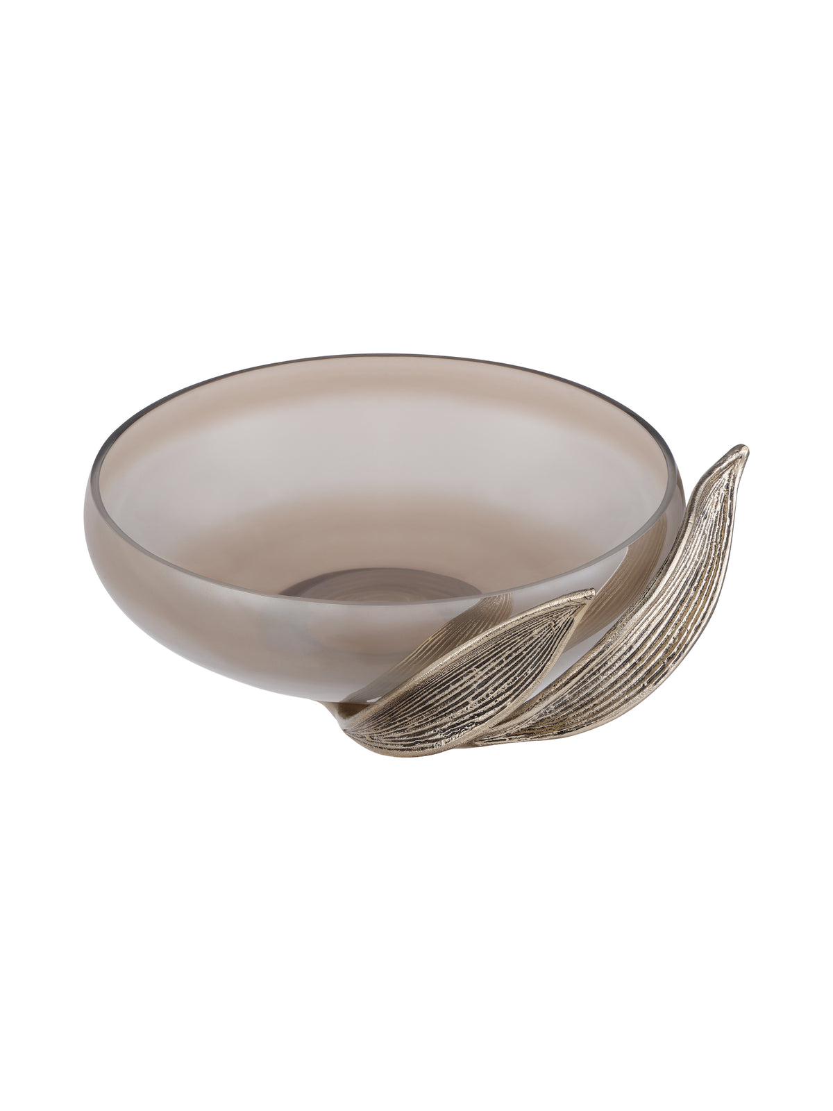 Angled view of a smoky glass bowl with two antique gold leaves curving around the base and up one side.