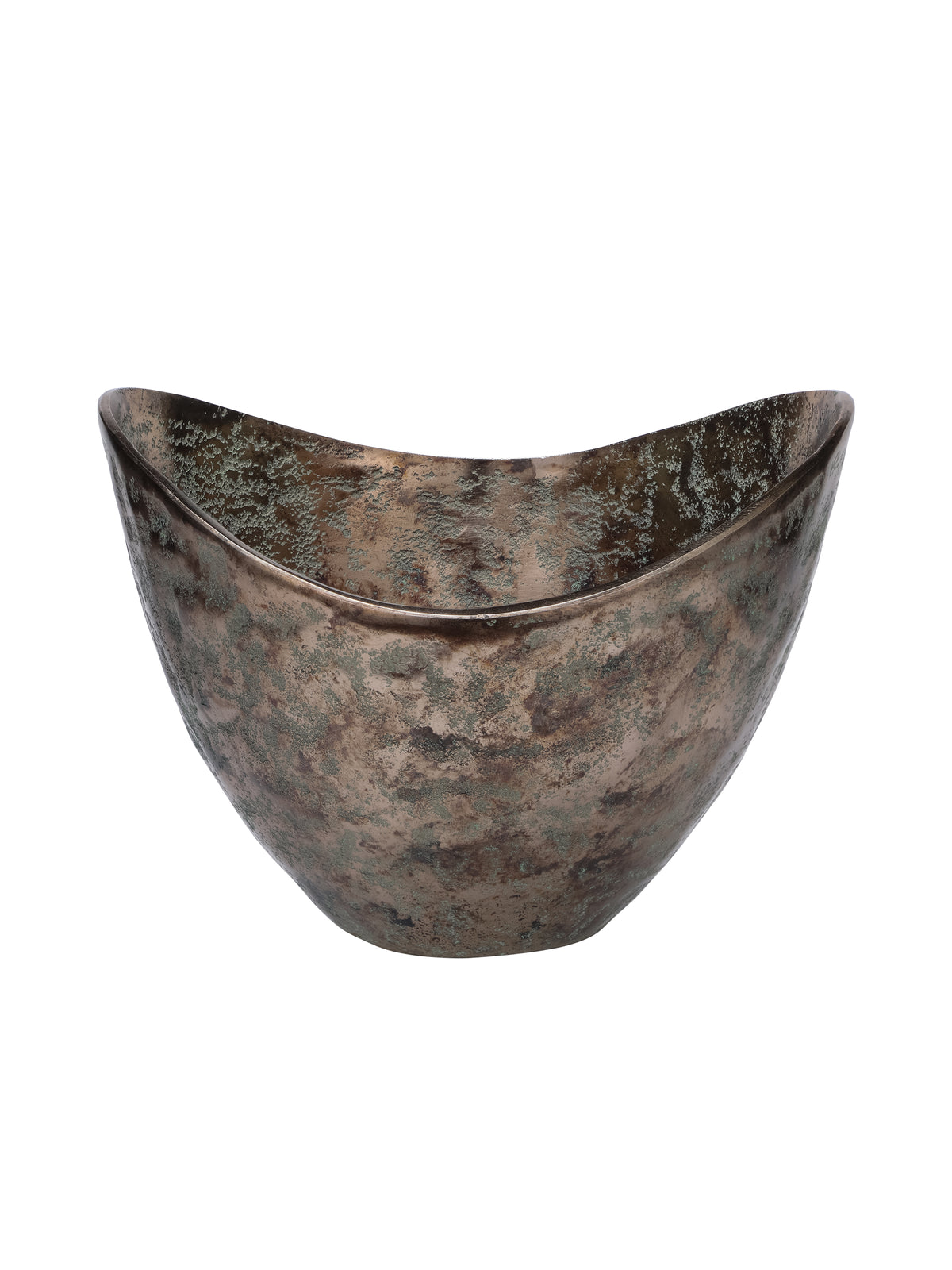 Bronze-toned decorative bowl on a white background, with a dipping curved rim and mottled green detailing inside and out.