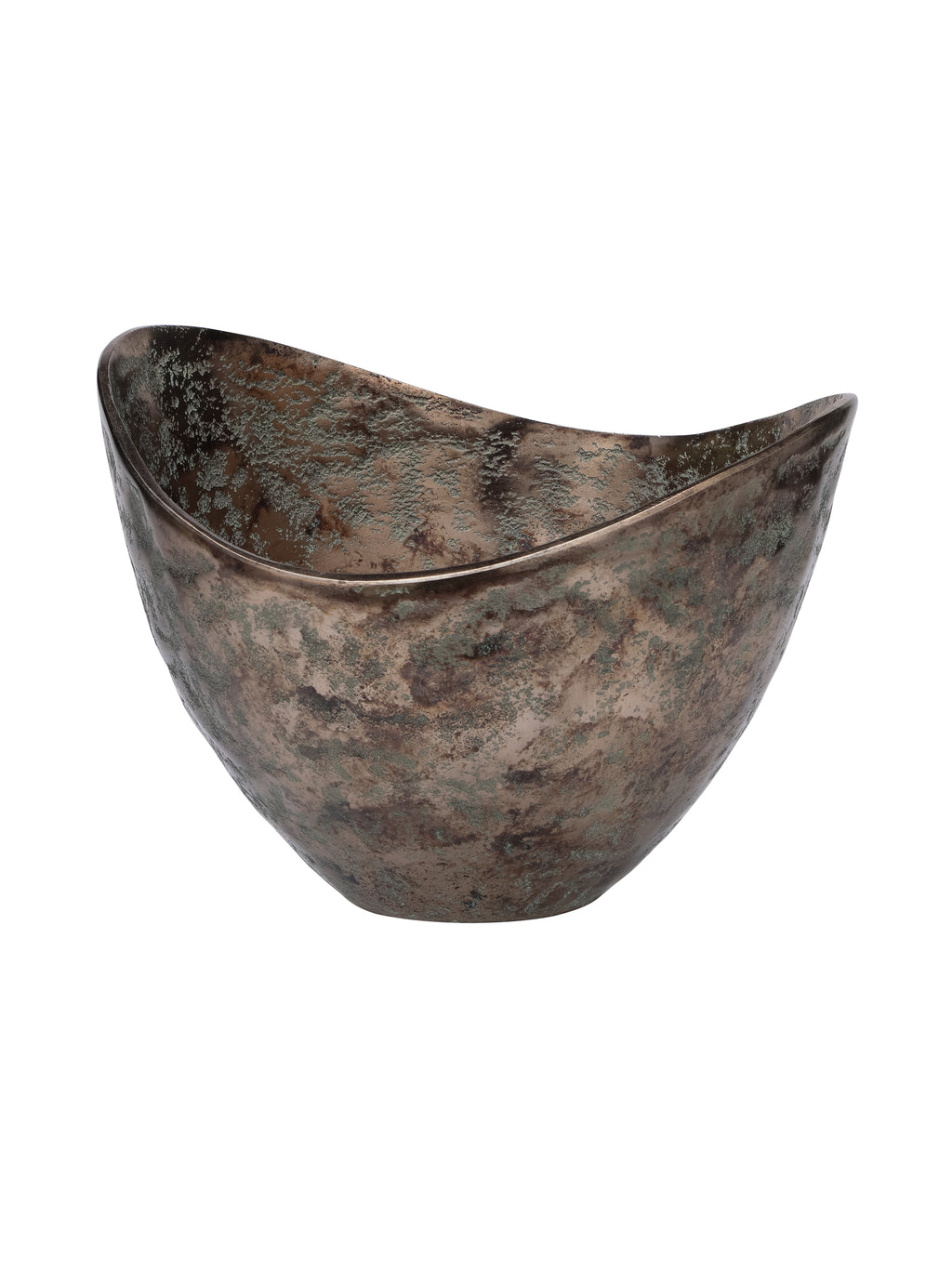 Angled view of the deep decorative bowl showing its raised rim ends and bronze and green patina across the interior.