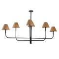 Six-light chandelier on a white background, with dark sweeping arms, natural-toned tapered fabric shades at varying heights and a round ceiling plate.