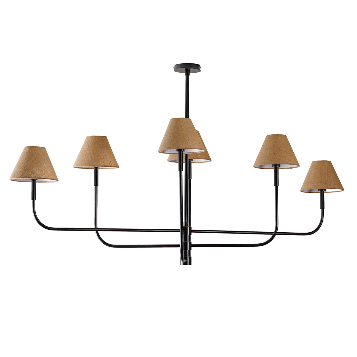 Six-light chandelier on a white background, with dark sweeping arms, natural-toned tapered fabric shades at varying heights and a round ceiling plate.