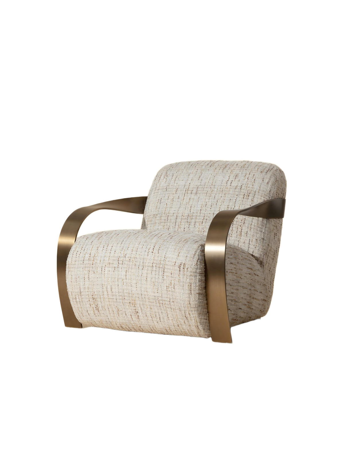 Three-quarter front view of a lounge chair with pale textured upholstery and broad, twisting brass-coloured arms against a white background.