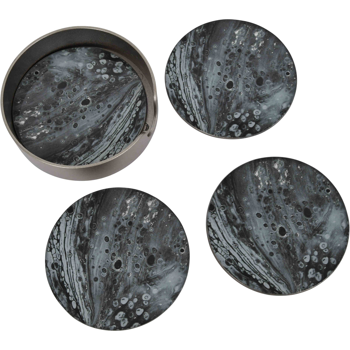 Round holder with a patterned coaster inside and three coasters arranged alongside, showing flowing grey bands and dark rings.