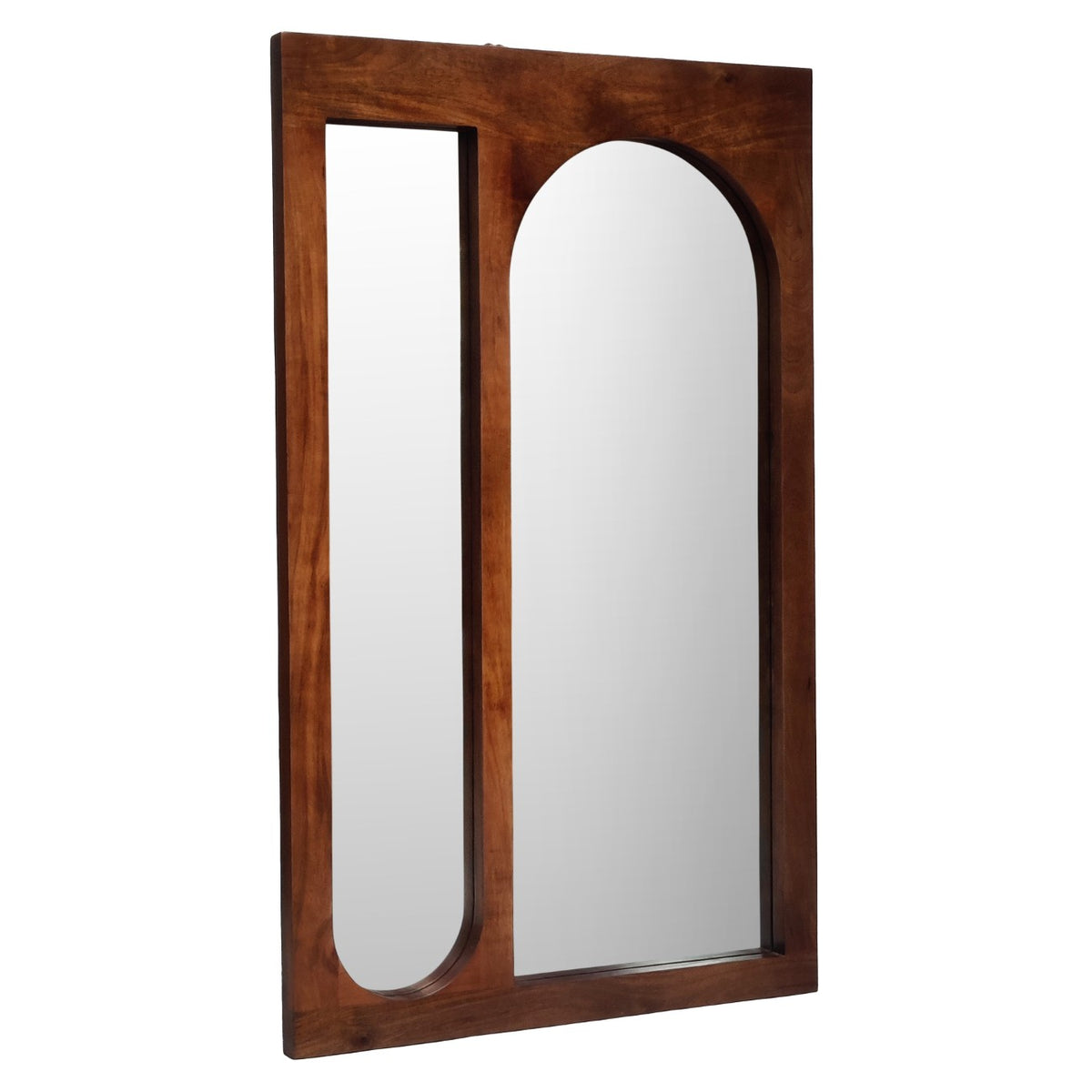 Angled view of a dark brown rectangular floor mirror with a slim rounded-bottom pane beside a wider arched pane.