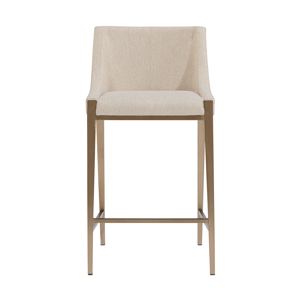 Front view of the Tall Back Counter Stool with textured oatmeal upholstery, a tall back with curved sides, antique-brass-finish legs and a horizontal footrest.