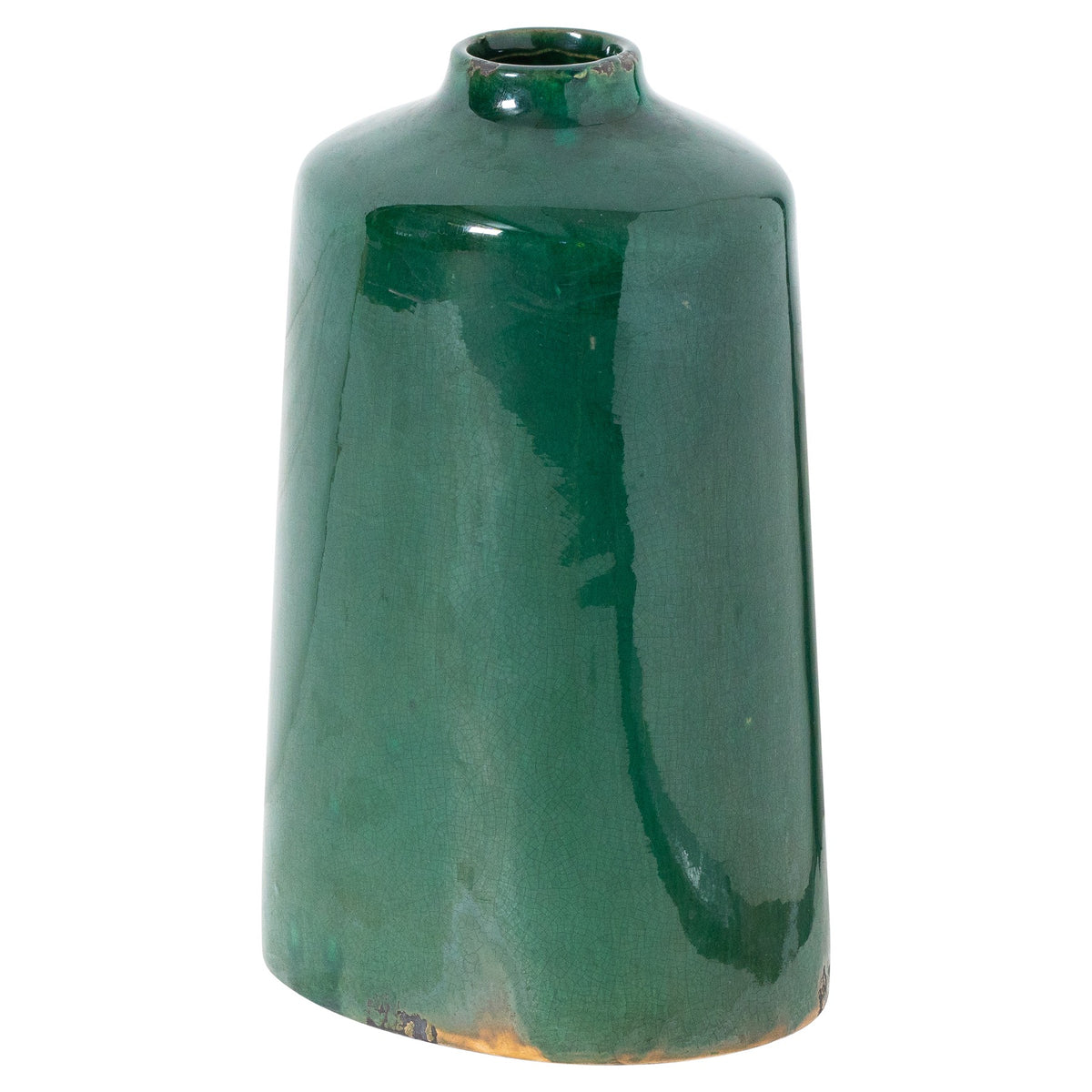 Full view of a tall emerald-green vase with rounded shoulders, a short neck and worn-looking patches along the base.