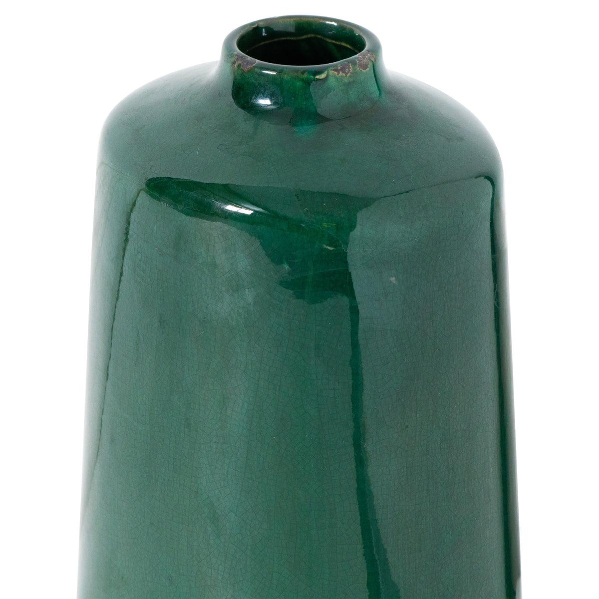 Close-up of the vase's open neck and curved shoulders, showing fine crackle in the glossy green finish and mottled patches around the rim.