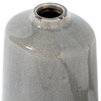 Close-up of the vase's round opening and curved shoulders, showing dark patches along the rim and the grey crackle glaze.