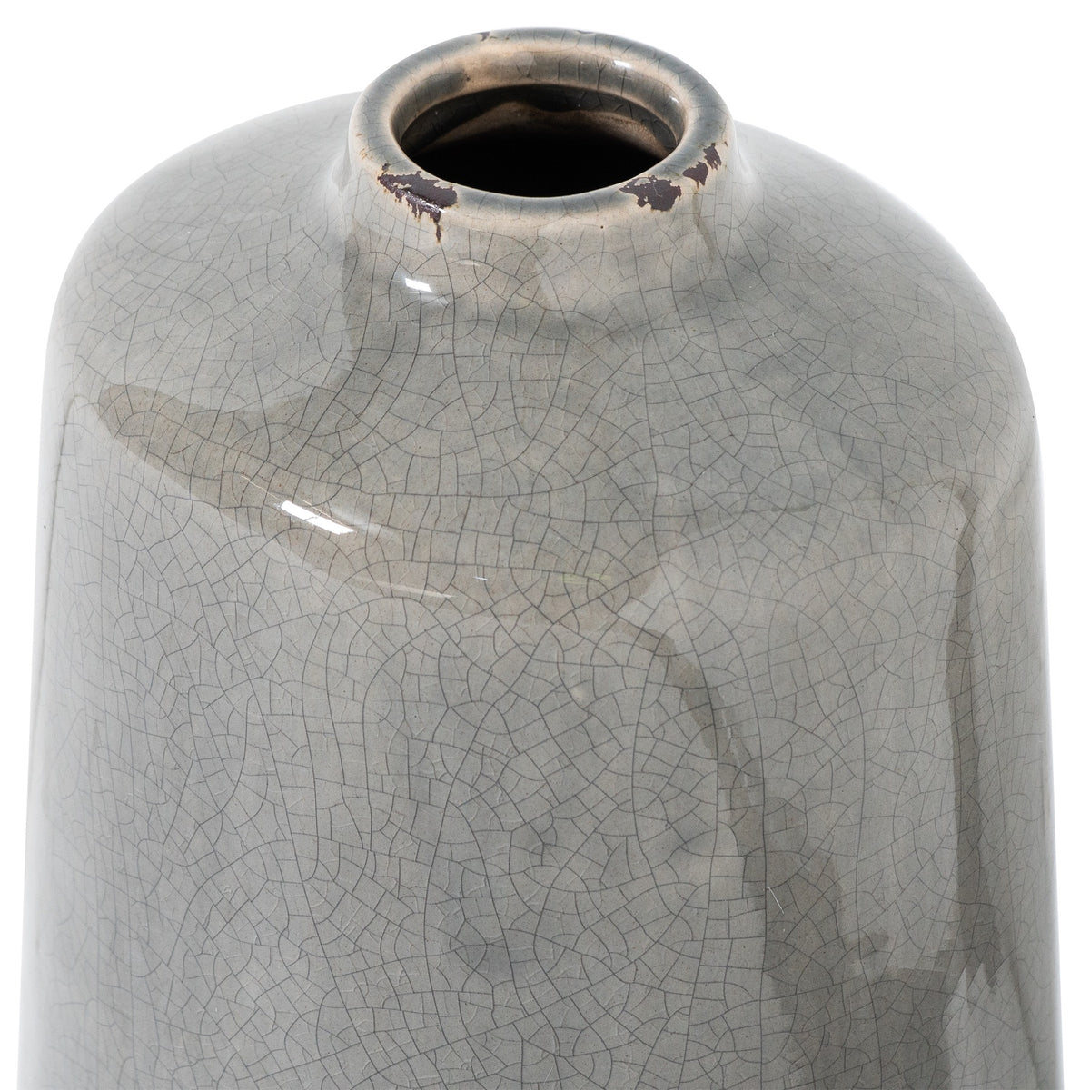 Close-up of the vase's round opening and curved shoulders, showing dark patches along the rim and the grey crackle glaze.