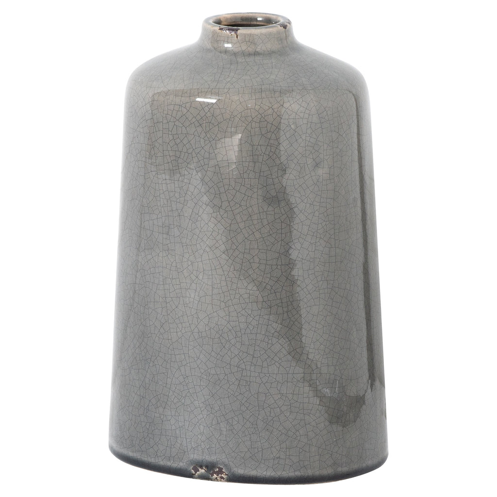 Tall grey vase with rounded shoulders, a short open neck and fine crackle lines across its glossy body.