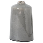 Tall grey vase with rounded shoulders, a short open neck and fine crackle lines across its glossy body.