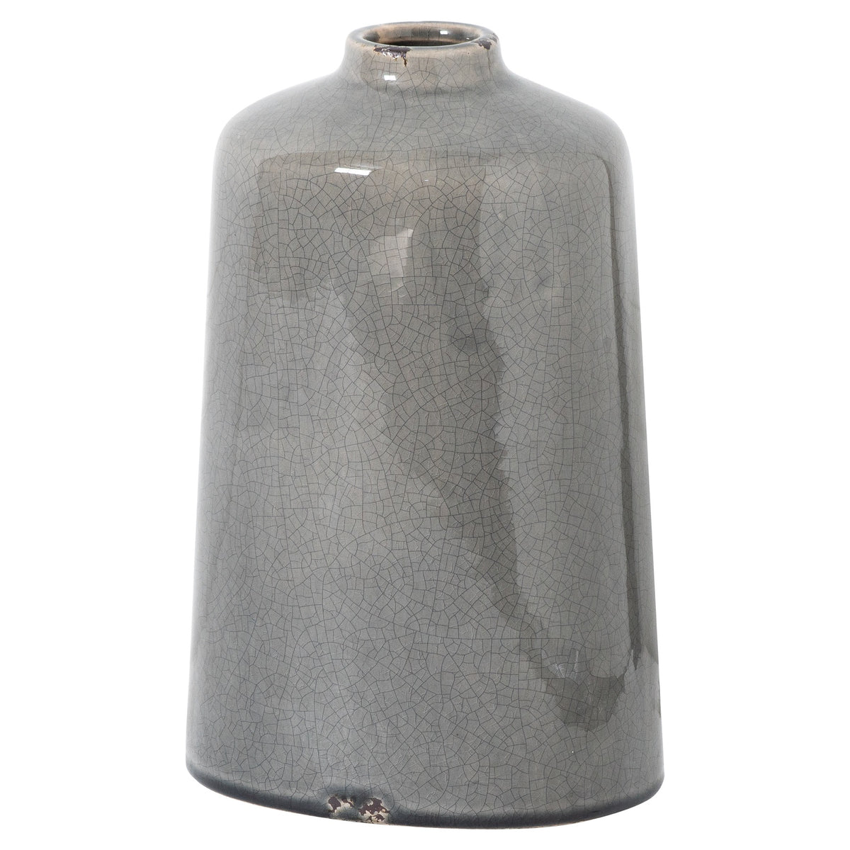 Tall grey vase with rounded shoulders, a short open neck and fine crackle lines across its glossy body.