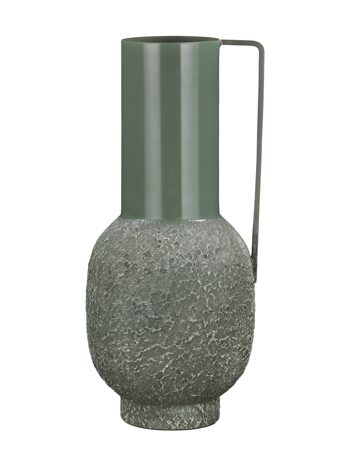 Green vase on a white background, with a rounded textured body, tall smooth neck, long angular handle and short circular foot.
