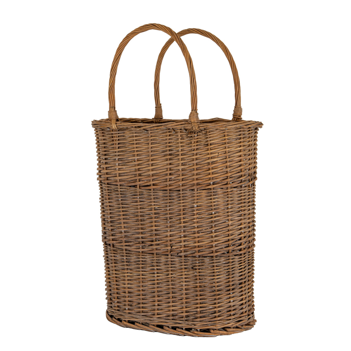Tall brown woven oval basket with an open top, two high curved handles and wrapped handle attachments, shown against a white background.