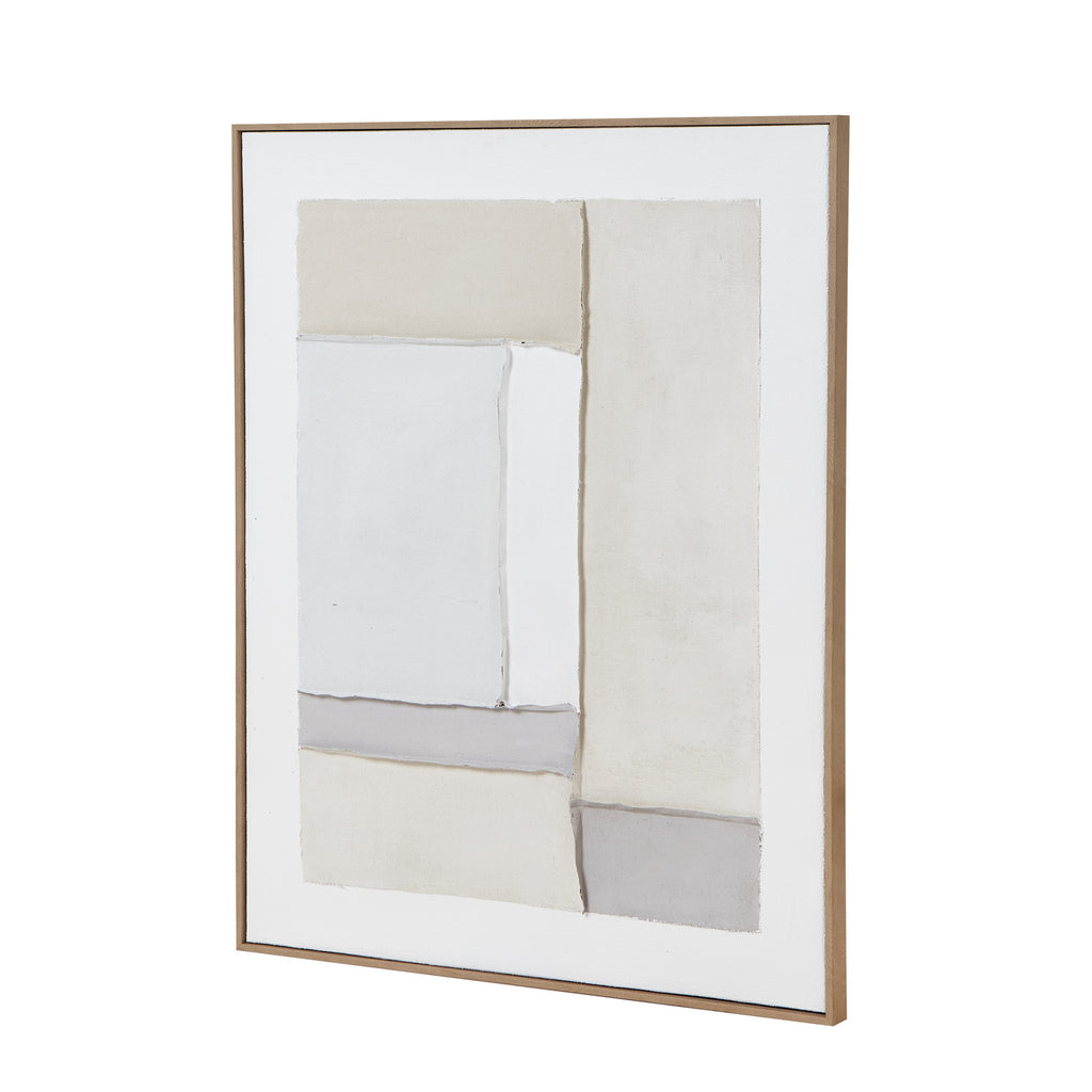 Angled view of the framed pale panel artwork, showing the right frame edge and raised rectangular sections.