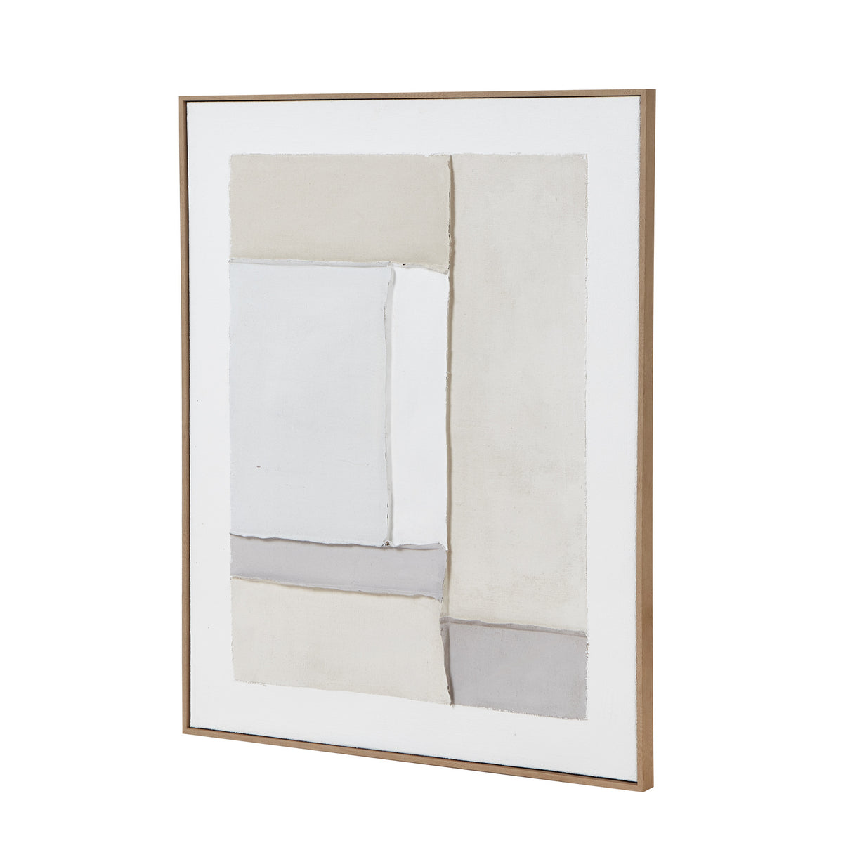 Angled view of the framed pale panel artwork, showing the right frame edge and raised rectangular sections.