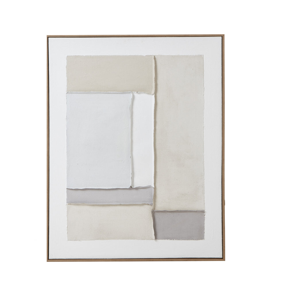 Front view of tall abstract artwork with overlapping cream, off-white and grey panels inside a narrow brown frame.