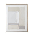 Front view of tall abstract artwork with overlapping cream, off-white and grey panels inside a narrow brown frame.