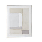 Front view of tall abstract artwork with overlapping cream, off-white and grey panels inside a narrow brown frame.