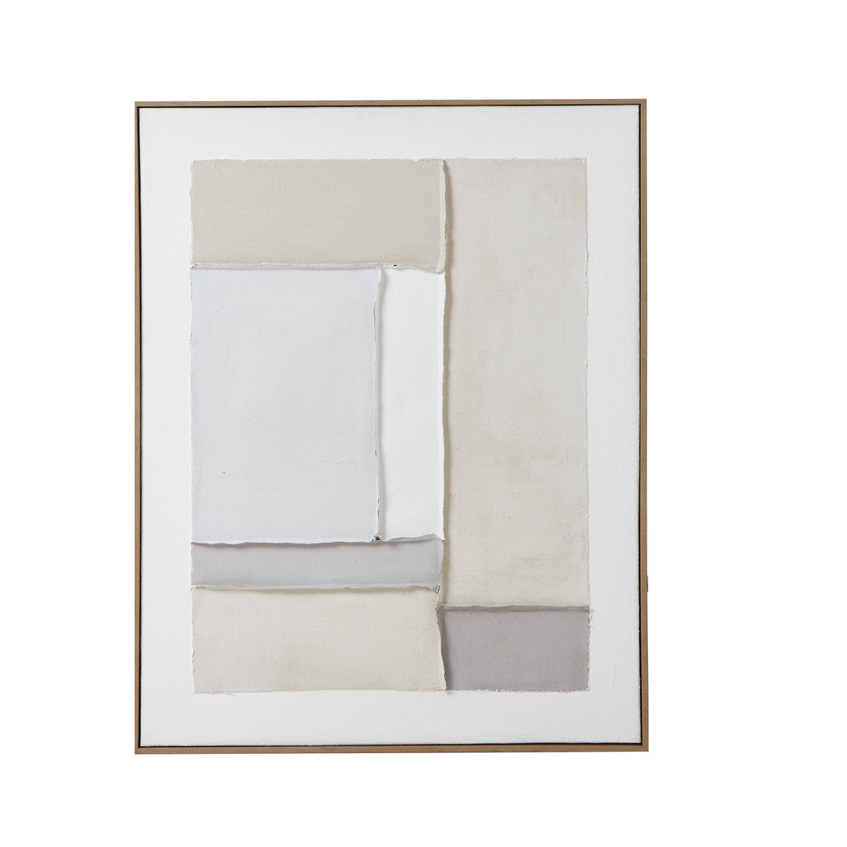 Front view of tall abstract artwork with overlapping cream, off-white and grey panels inside a narrow brown frame.