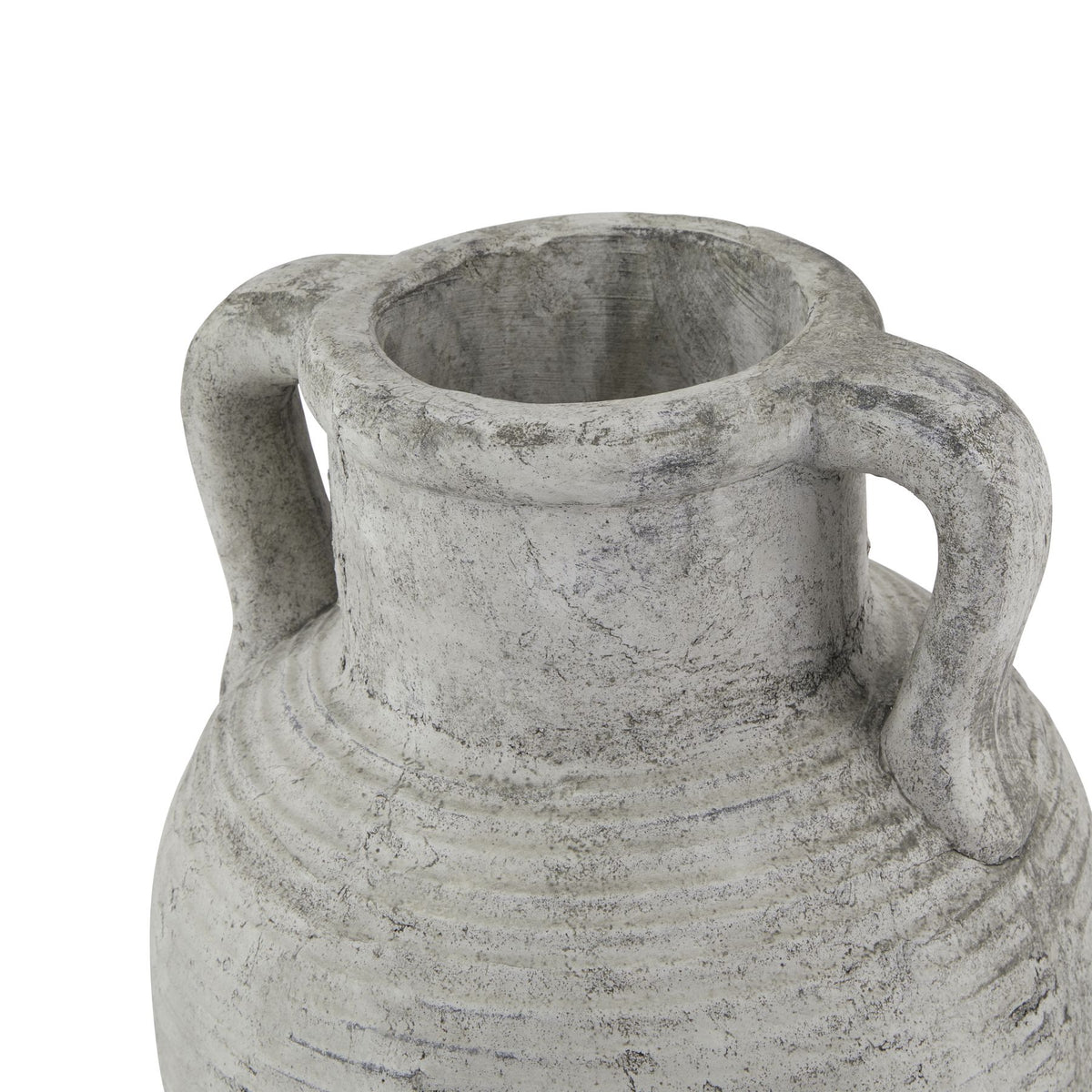 Angled close-up looking into the vase's open mouth, showing the thick rounded rim, both handles and dark mottling on the pale surface.