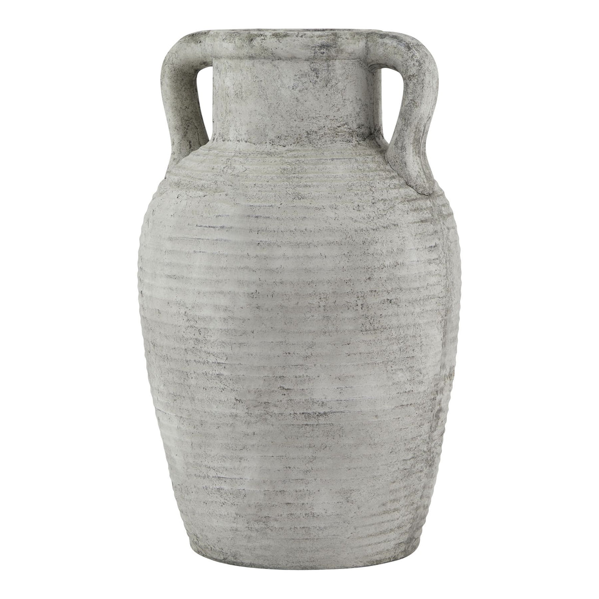 Full view of a pale grey amphora vase with a tall ribbed body, narrow neck and two curved handles against a white background.