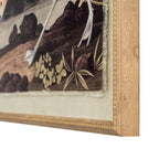 Angled close-up of the print's lower right corner, showing the bird's feet, shoreline plants, fringed-looking image edge and textured beaded frame.