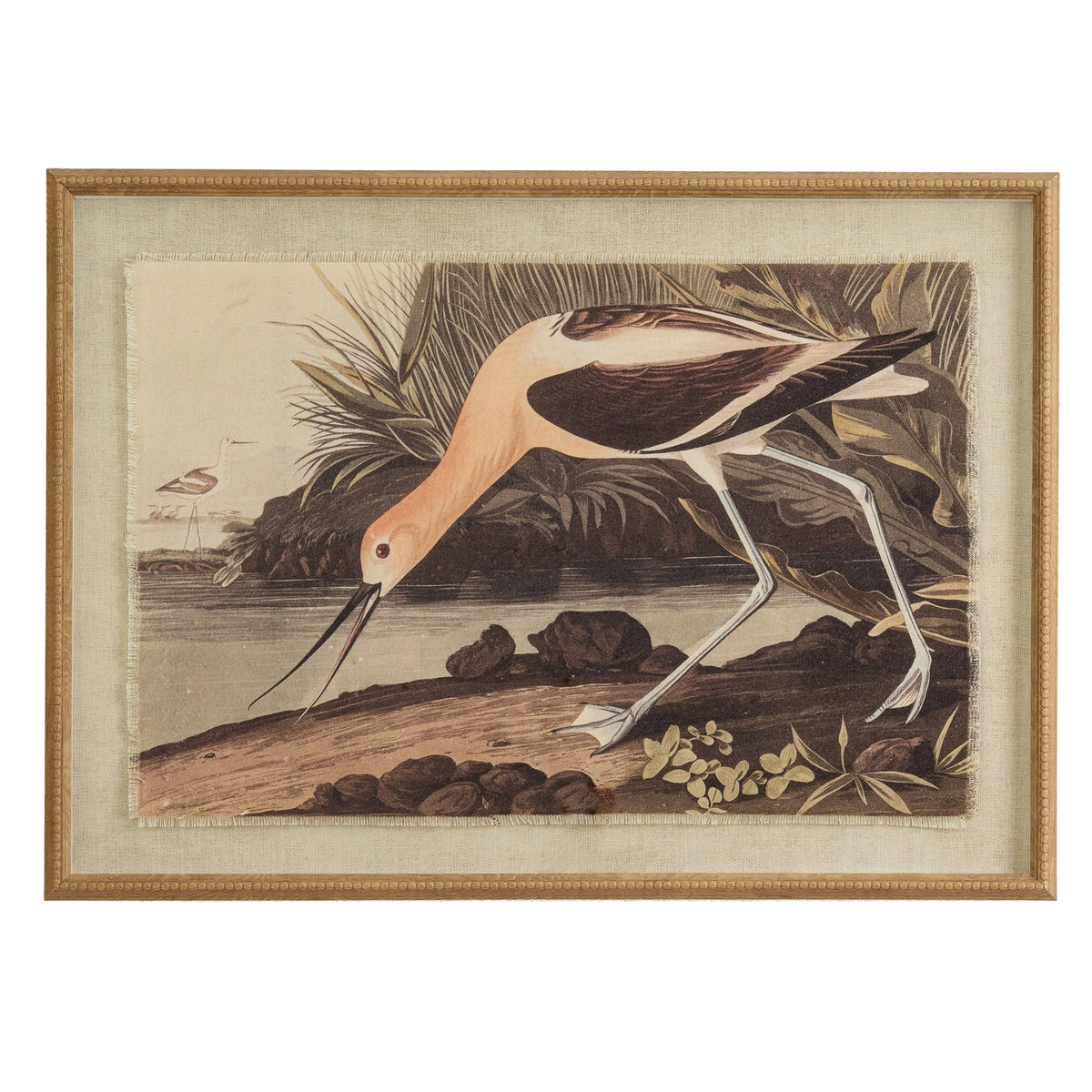 Landscape framed print of a pale and dark long-legged bird bending beside the water, with a smaller bird in the distance and a tan-gold border.