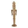 Full view of a slender natural-brown nutcracker ornament with a tall hat, long arms and divided legs on a stepped round base.