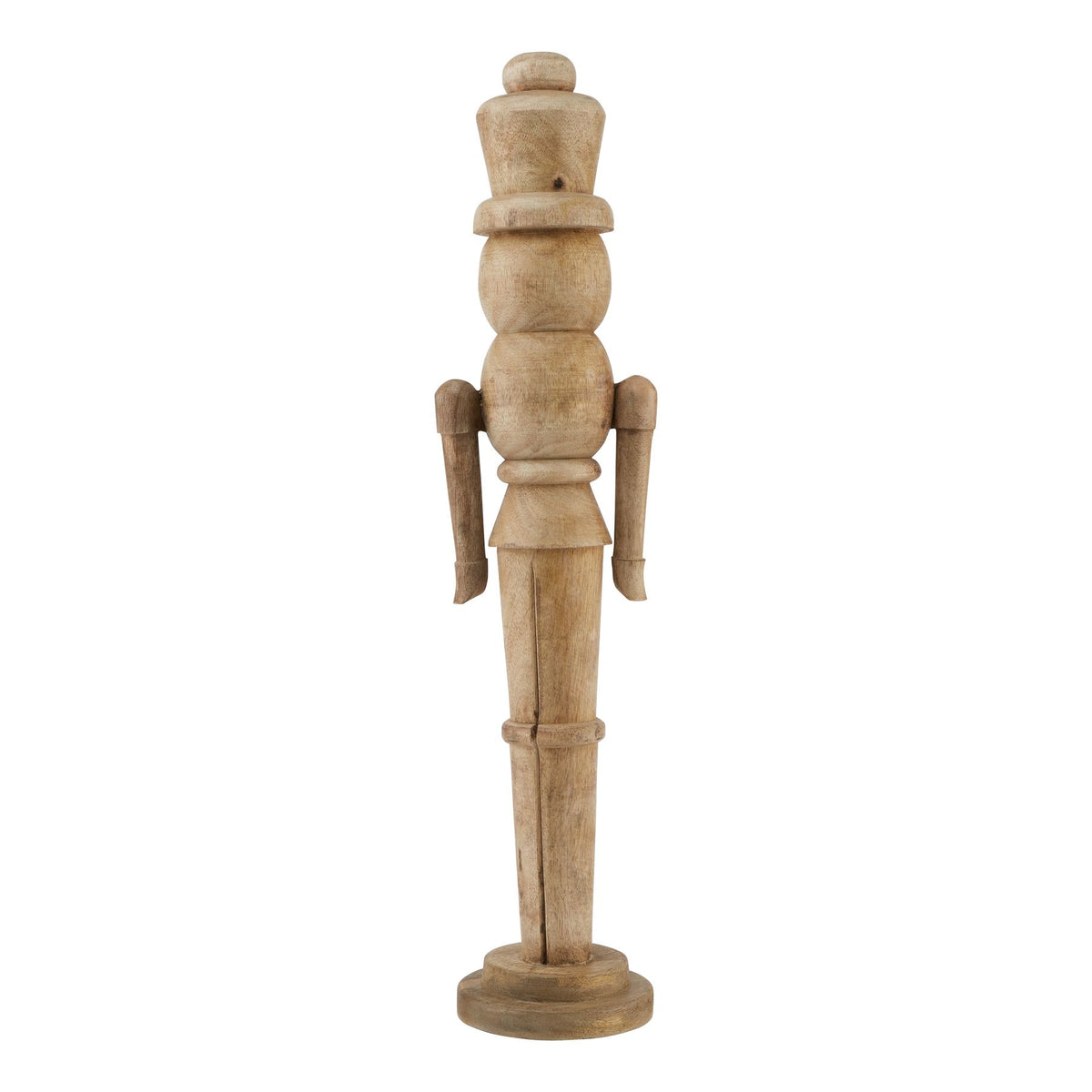 Full view of a slender natural-brown nutcracker ornament with a tall hat, long arms and divided legs on a stepped round base.