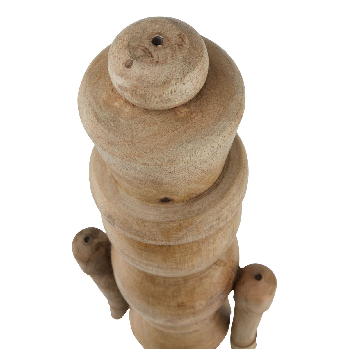 View from above of the tall hat with its rounded top and broad brim, with the figure's shoulders visible below.
