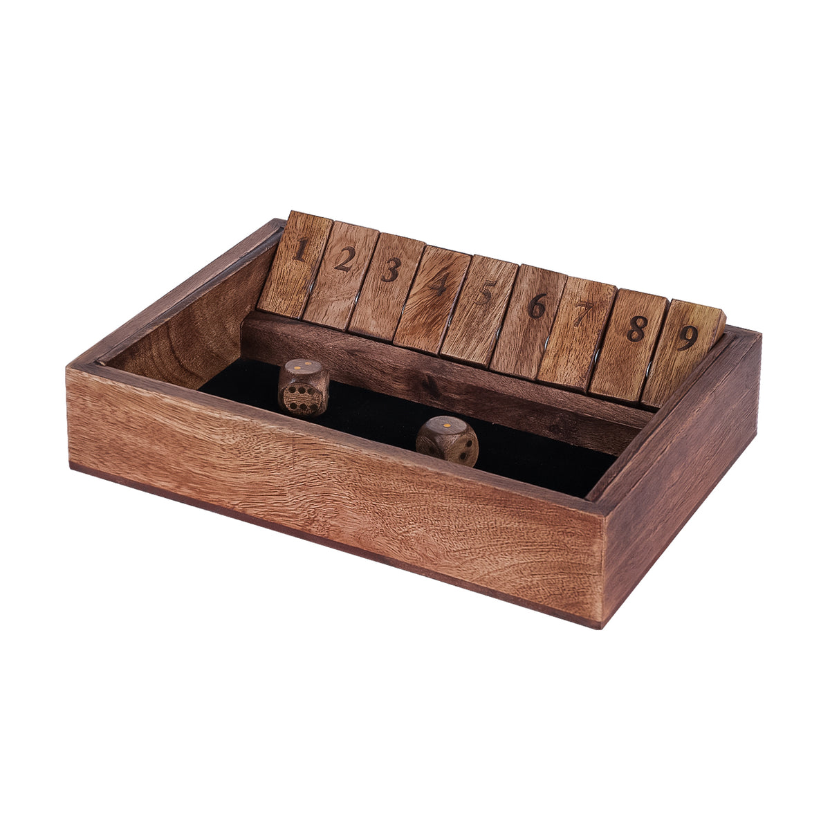 Angled view of the brown wooden Shut-the-Box game with tiles 1–9 raised and two wooden dice in the dark-lined tray.