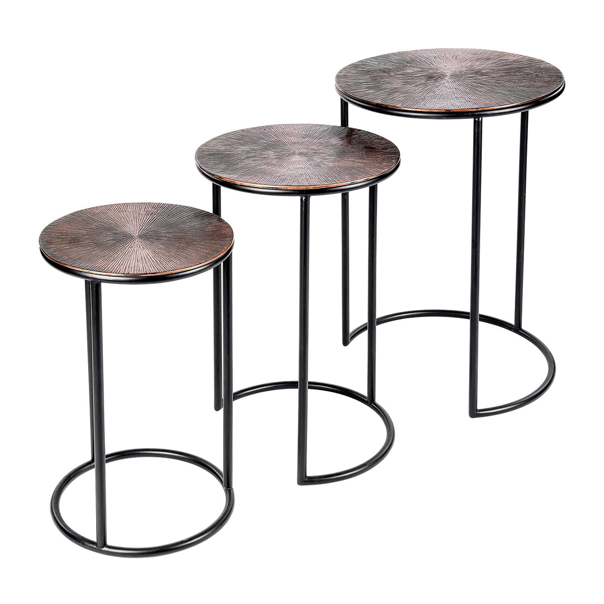 Three Tambour nesting tables spread apart in ascending size, showing copper-toned etched tops and black open ring bases.