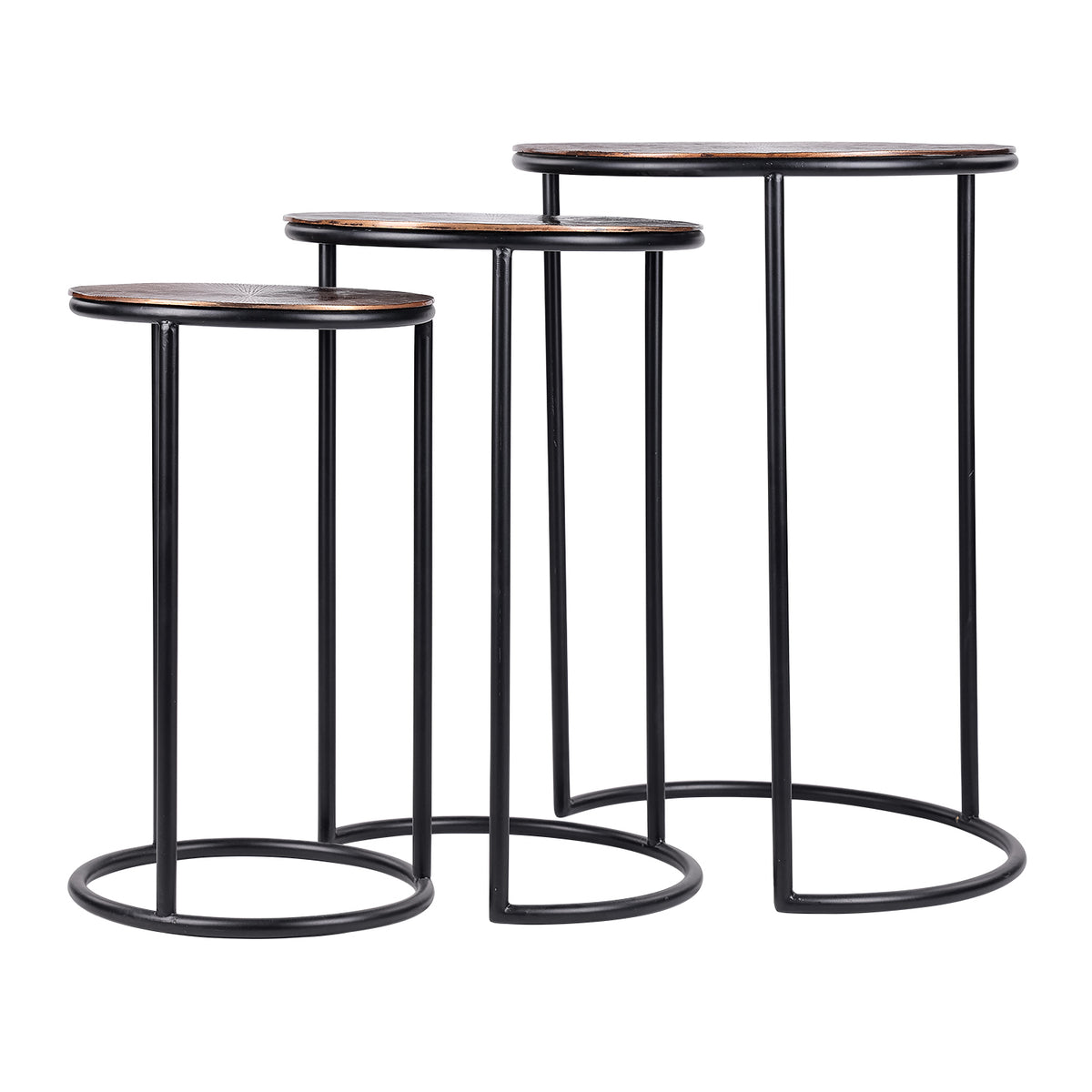 Low front view of the three tables with staggered heights, slim copper-coloured top edges and slender black uprights.