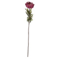 Full view of an artificial flower stem with a burgundy-purple bloom, lobed green leaves and a long brown stem on white.